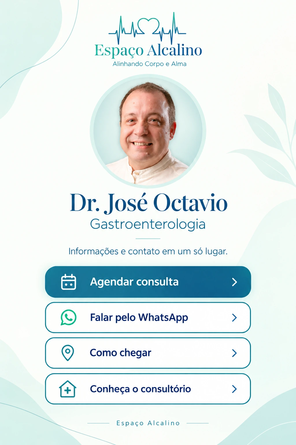 Exemplo de página de links de um consultório: logo, foto do médico, especialidade e botões para agendar consulta, falar pelo WhatsApp, ver como chegar e conhecer o consultório.